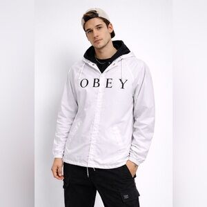 OBEY Worldwide White Coach Jacket Hooded Windbreaker Size M